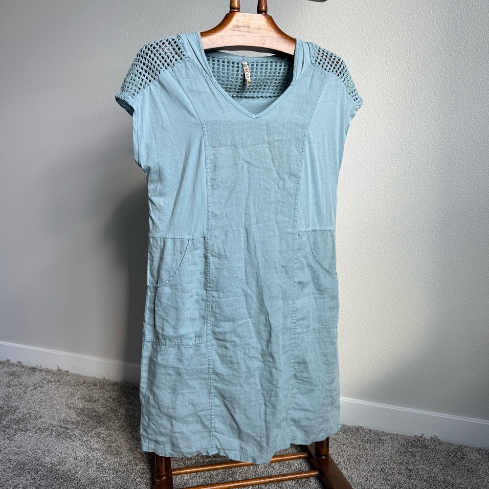 XCVI 100% Linen Hooded Dress M Blue Lagenlook Boho Crochet Pocket Midi